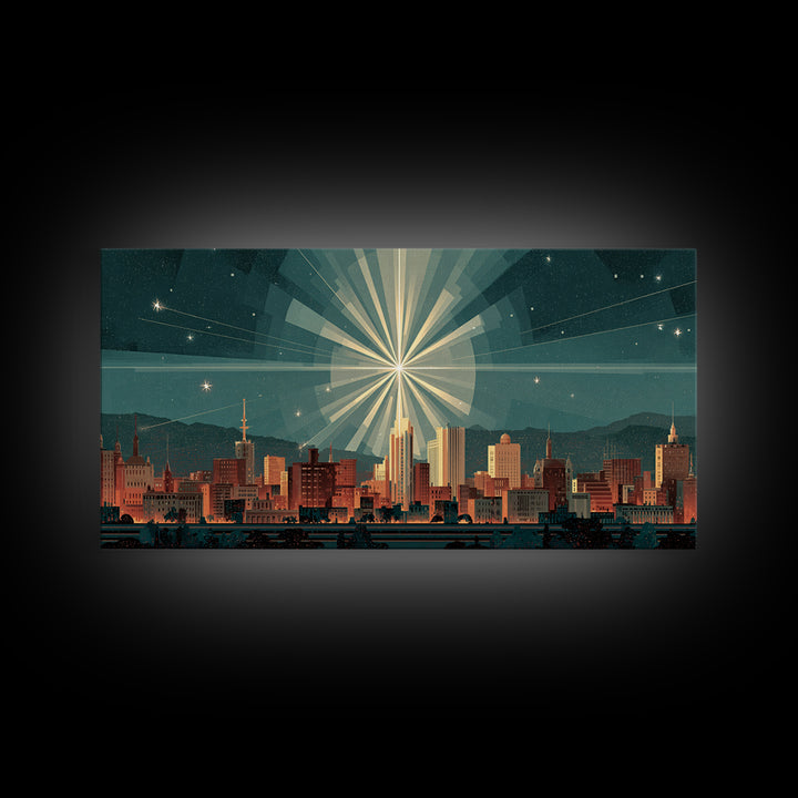 Art Deco City Skyline Wall Art, Geometric Sunburst Night Print, Midcentury Modern Poster, Teal Neutral Living Room Office Decor