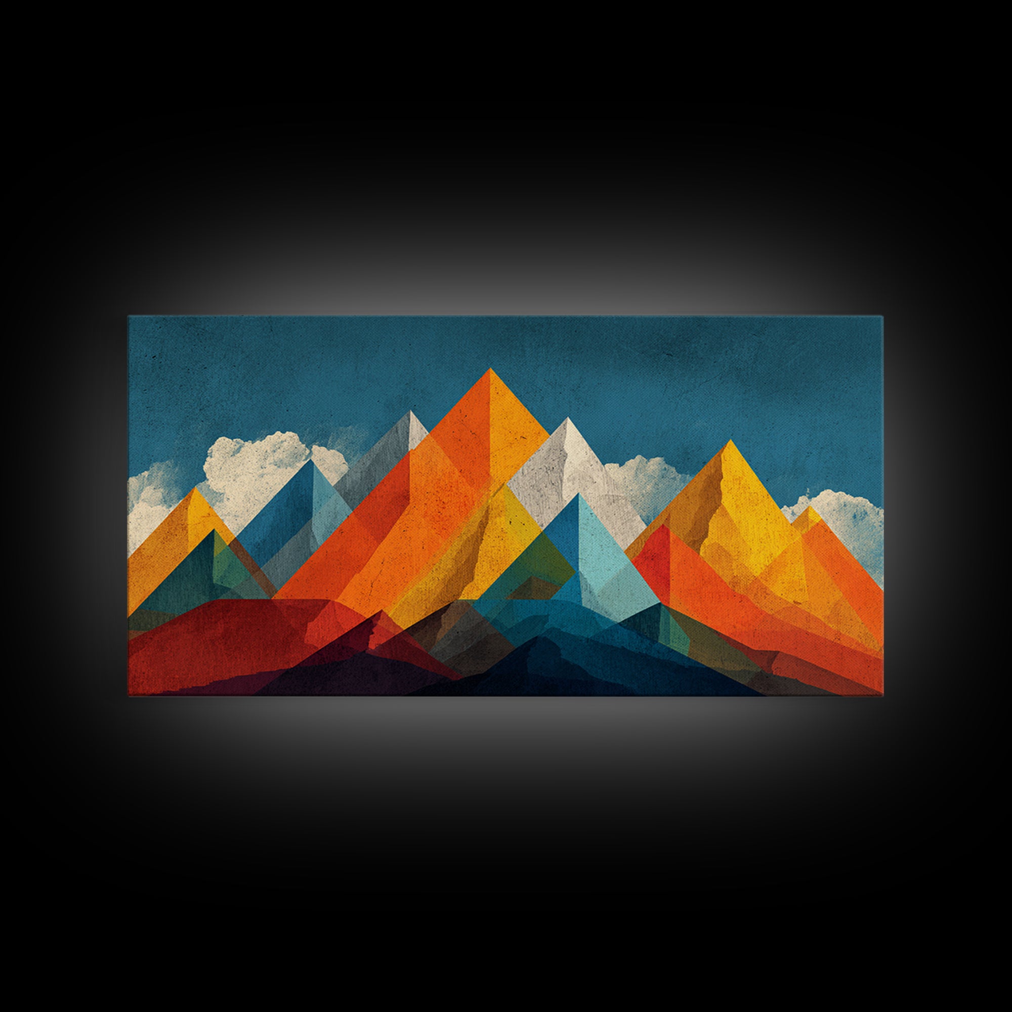 Orange Blue Geometric Mountain Wall Art, Abstract Desert Landscape Print, Midcentury Modern Poster, Bold Home Office Decor