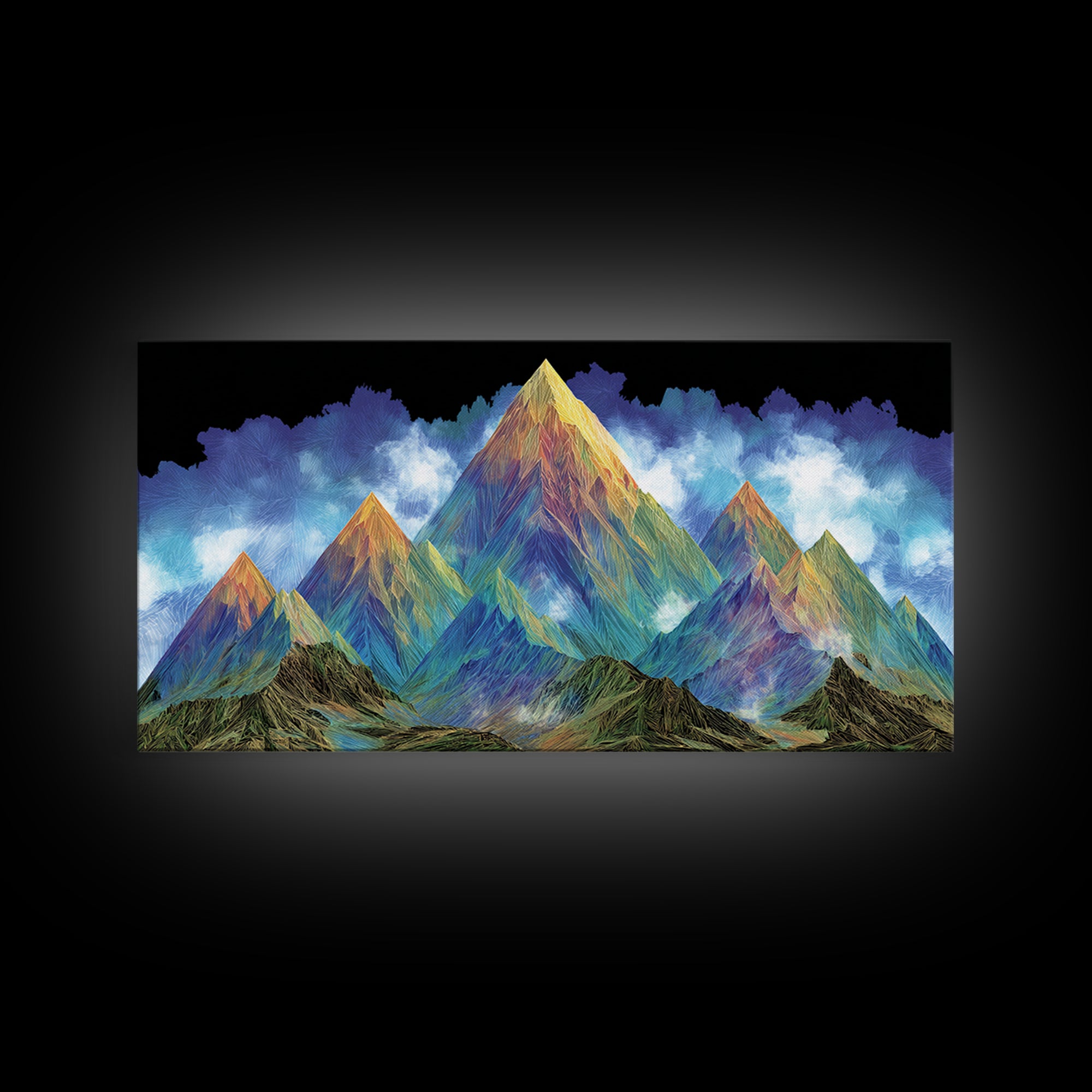 Vibrant Rainbow Mountain Wall Art, Colorful Abstract Landscape Print, Modern Psychedelic Poster, Large MCM Living Room Decor