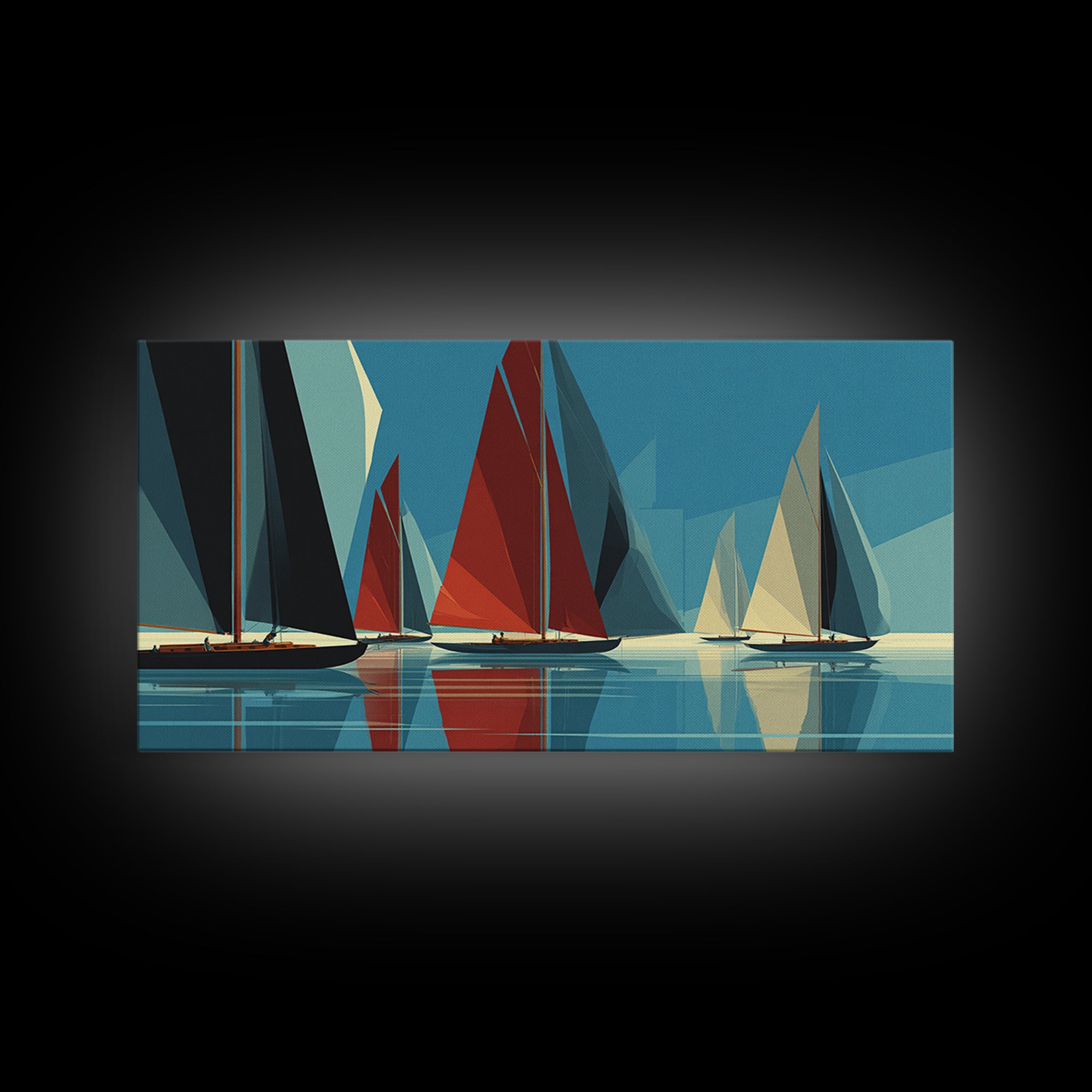 Abstract Sailboat Regatta Canvas Print, Midcentury Modern Nautical Wall Art, Blue Red Coastal Poster, Beach House Home Decor