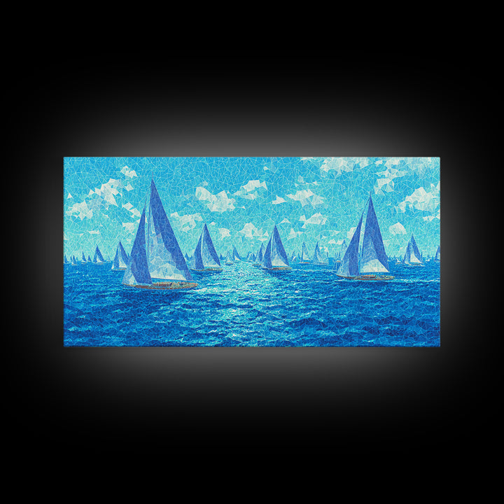 Bright Blue Sailboats Wall Art, Ocean Regatta Canvas Print, Coastal Modern Nautical Poster, Beach House Living Room Decor