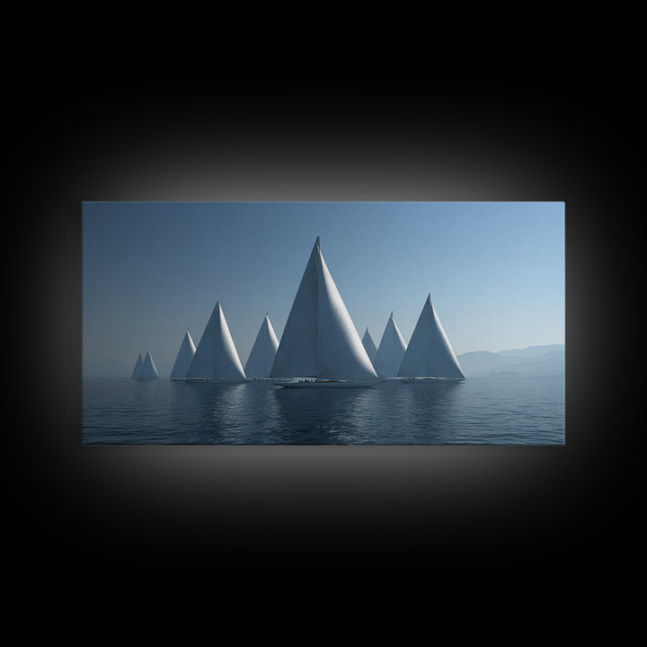 Minimalist White Sailboats Framed Canvas Print, Misty Lake Wall Art, Scandinavian Modern Nautical Decor, Calm Blue Seascape
