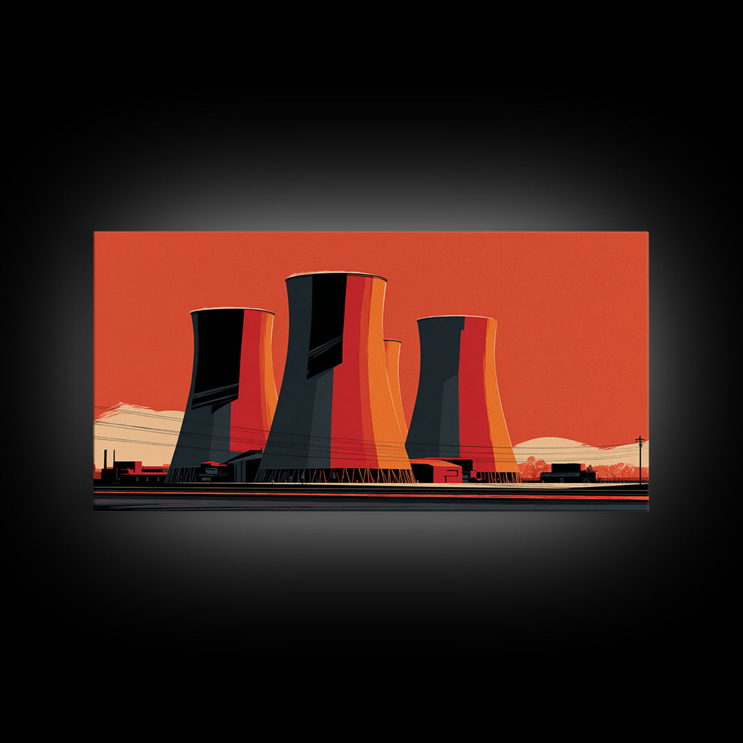 Orange Industrial Cooling Towers Wall Art, Retro Modern Power Plant Poster, Bold MCM Architecture Print, Office Wall Decor