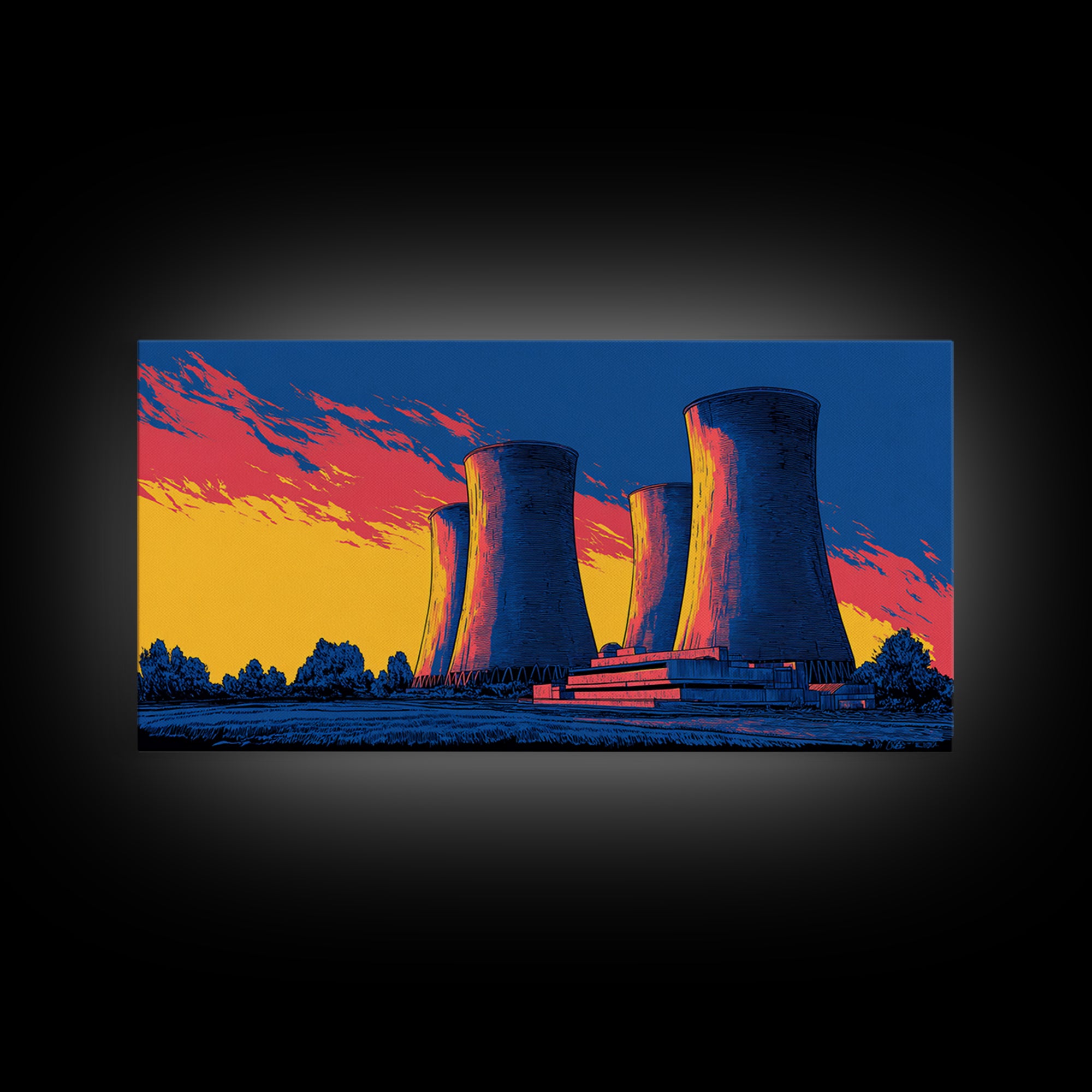 Pop Art Cooling Towers Canvas Print, Neon Sunset Industrial Landscape, Retro Modern Wall Art, Bold MCM Man Cave Office Decor
