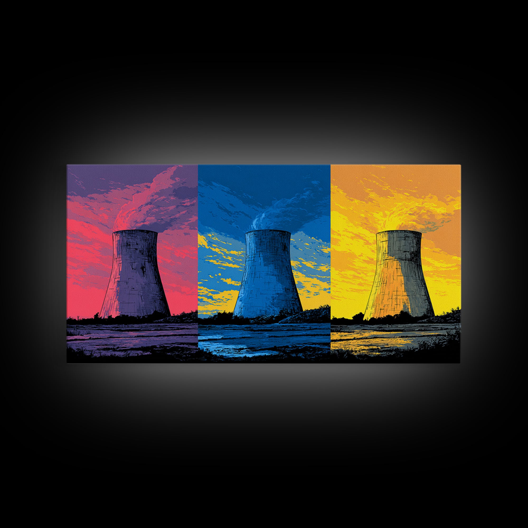 Triptych Cooling Tower Wall Art, Three Panel Pop Art Industrial Poster, Colorful Retro Canvas Print, Bold Modern Office Decor