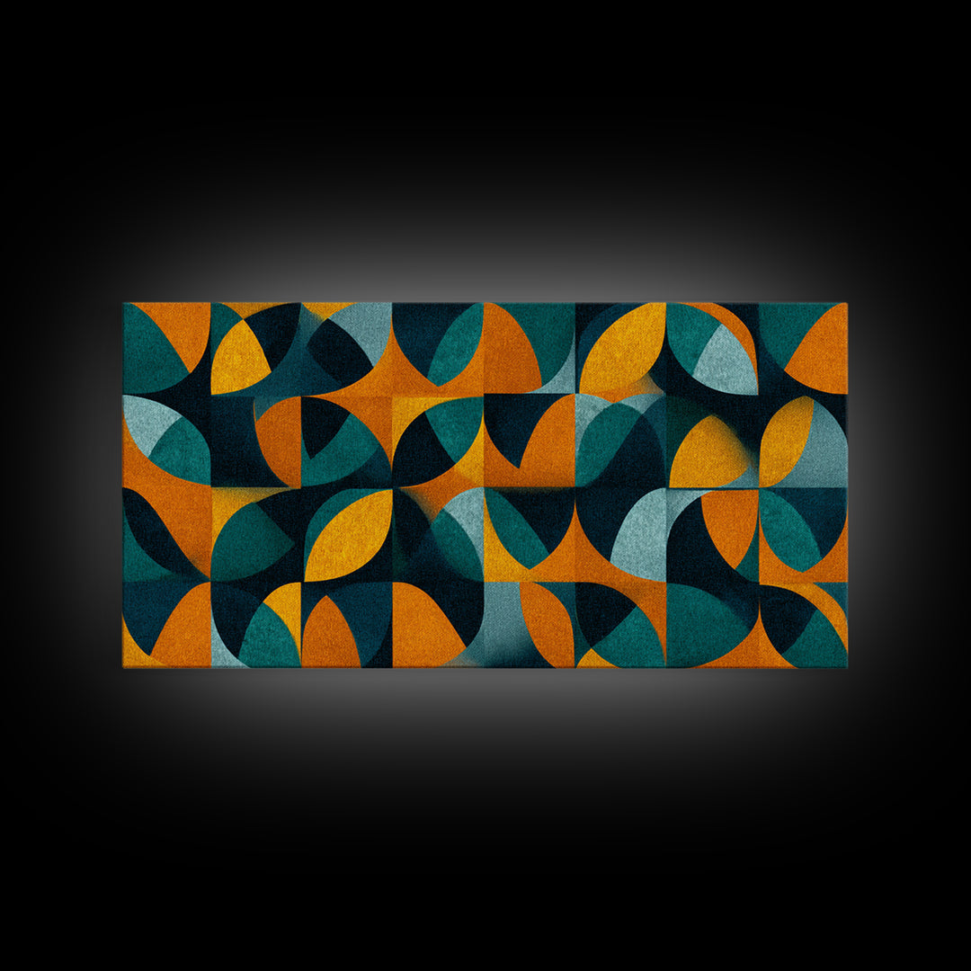 Teal And Ochre Petal Geometry With Circles Framed Canvas Print, Midcentury Modern Wall Art, Atomic Retro Pattern Decor Poster