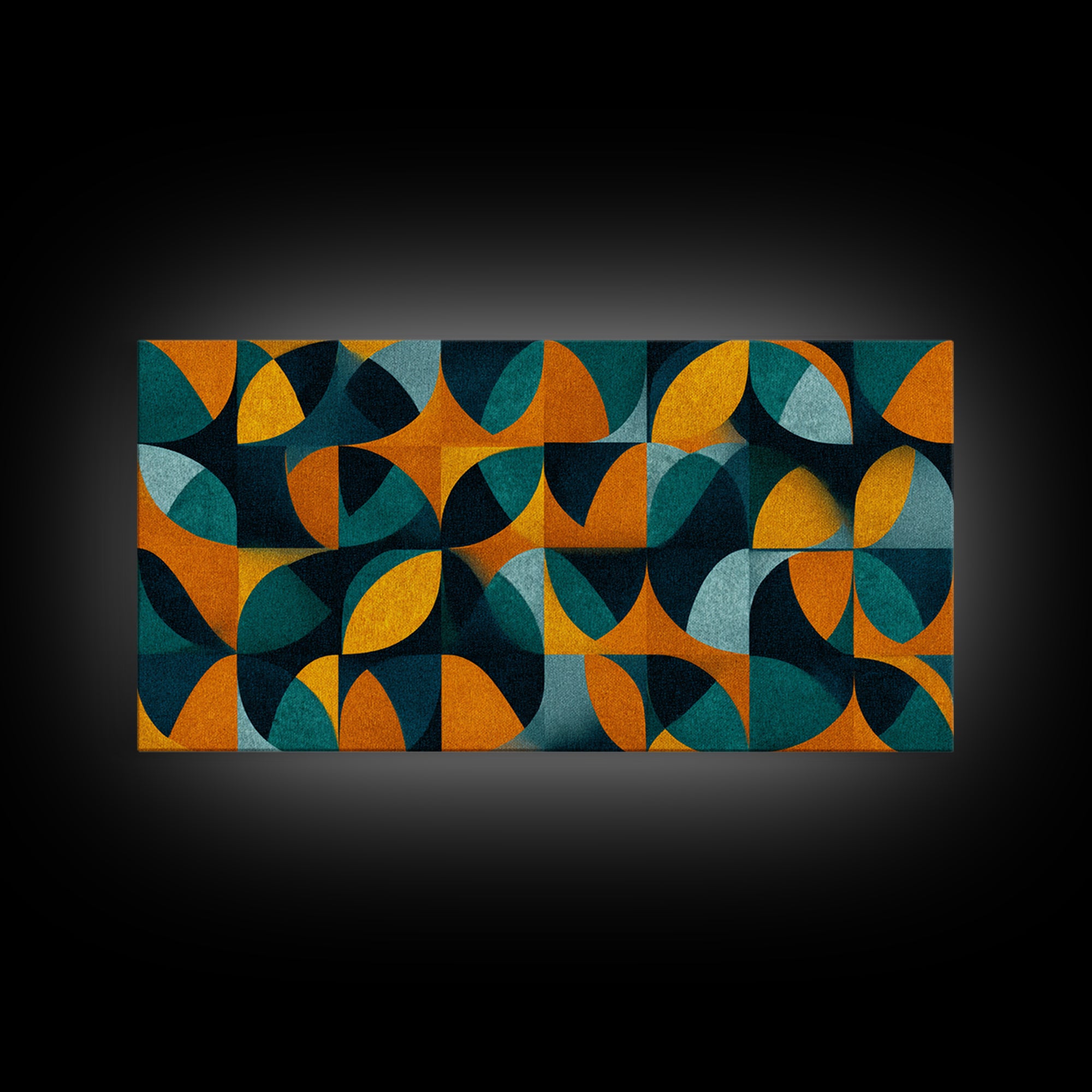 Teal And Ochre Petal Geometry With Circles Framed Canvas Print, Midcentury Modern Wall Art, Atomic Retro Pattern Decor Poster