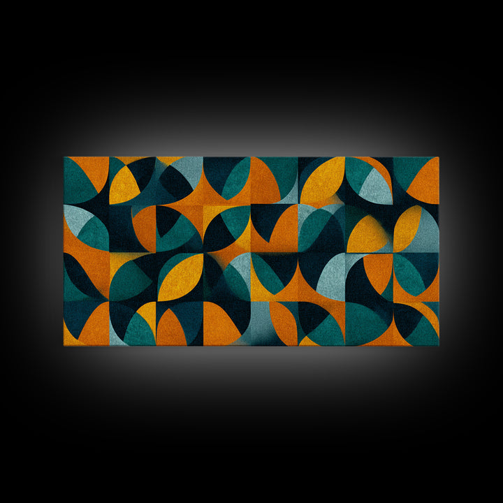 Teal And Ochre Petal Geometry With Circles Framed Canvas Print, Midcentury Modern Wall Art, Atomic Retro Pattern Decor Poster