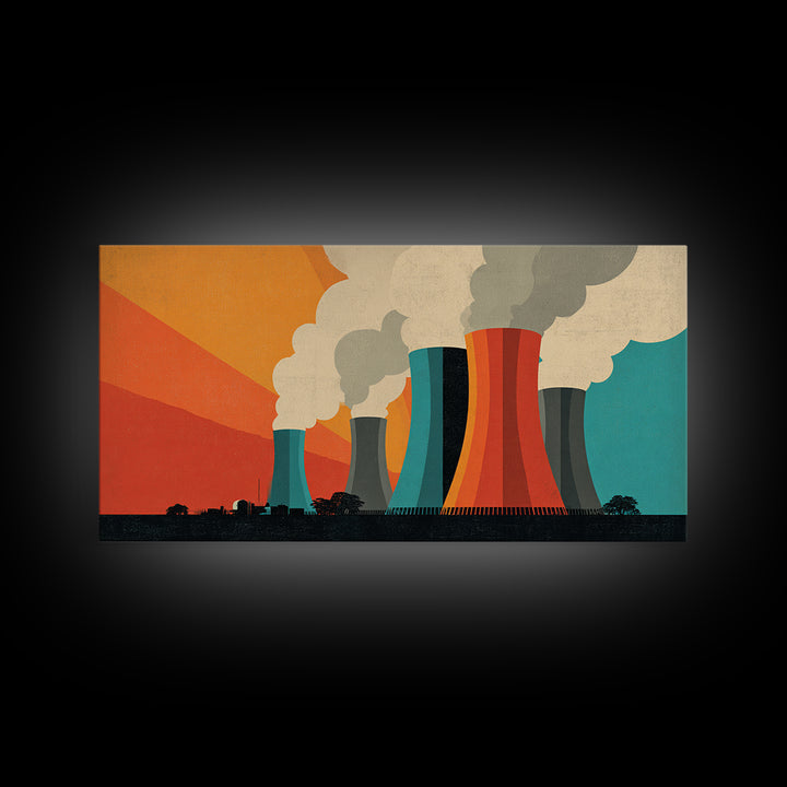 Retro Smokestack Power Plant Canvas Print, Midcentury Modern Industrial Wall Art, Orange Teal Factory Poster, Bold Decor