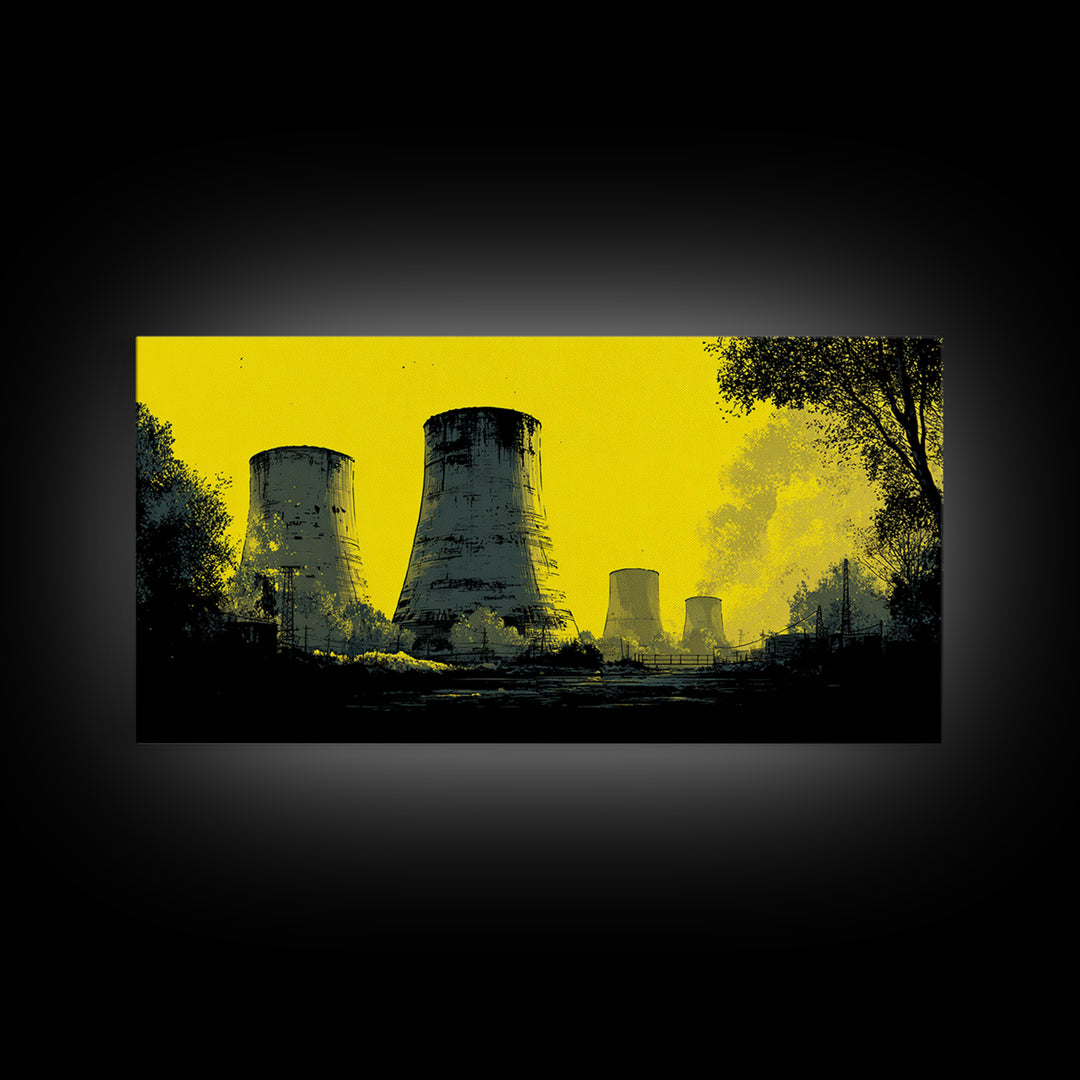 Yellow Nuclear Cooling Towers Wall Art, Industrial Landscape Print, Retro Sci Fi Poster, Modern Wall Decor, Statement Artwork
