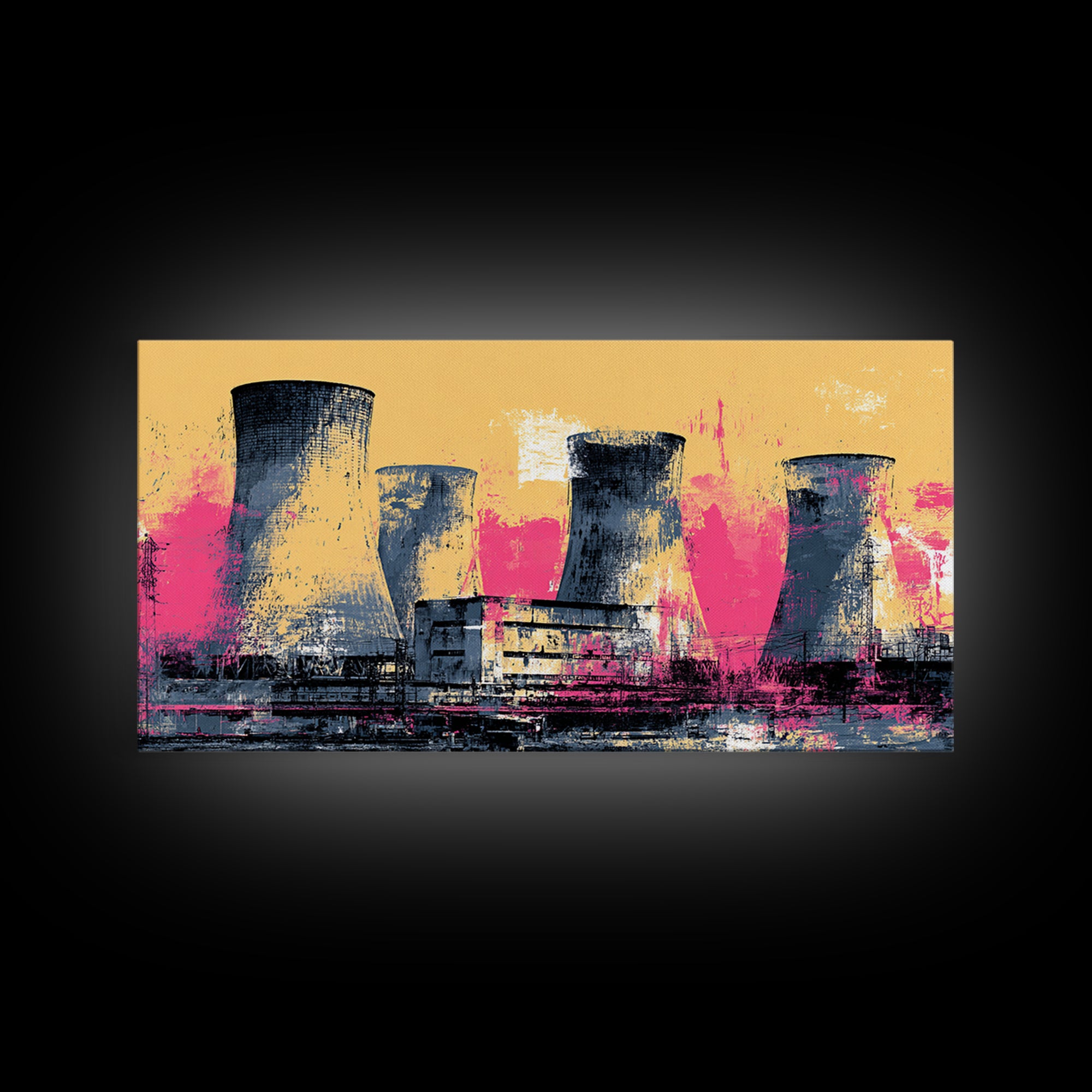 Pink Nuclear Power Plant Canvas Print, Industrial Landscape Wall Decor, Retro Modern Art Print, Bold Statement Artwork For Home Decor