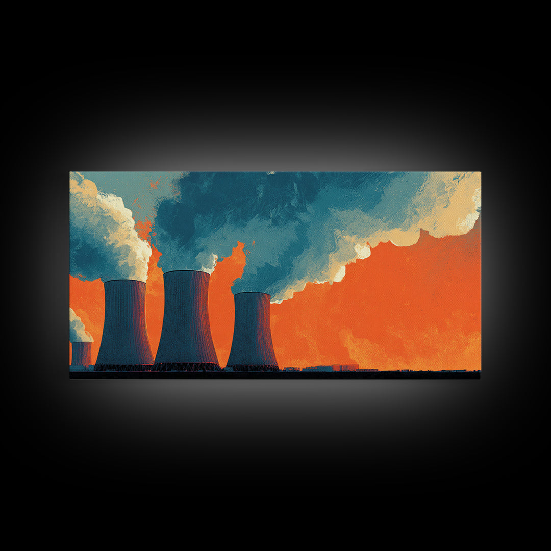 Orange Nuclear Cooling Towers Framed Canvas Print, Industrial Skyline Wall Art, Retro Modern Decor, Bold Landscape Poster