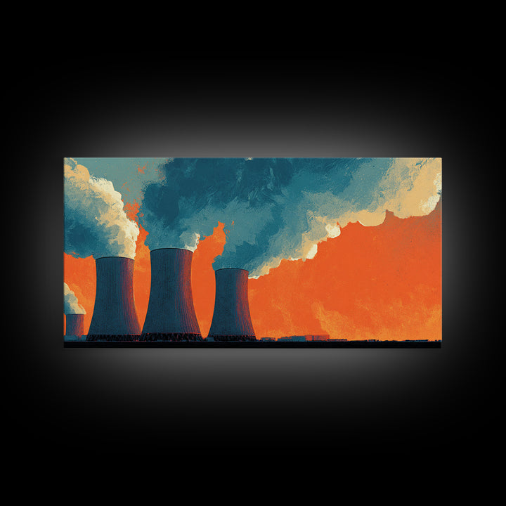 Orange Nuclear Cooling Towers Framed Canvas Print, Industrial Skyline Wall Art, Retro Modern Decor, Bold Landscape Poster