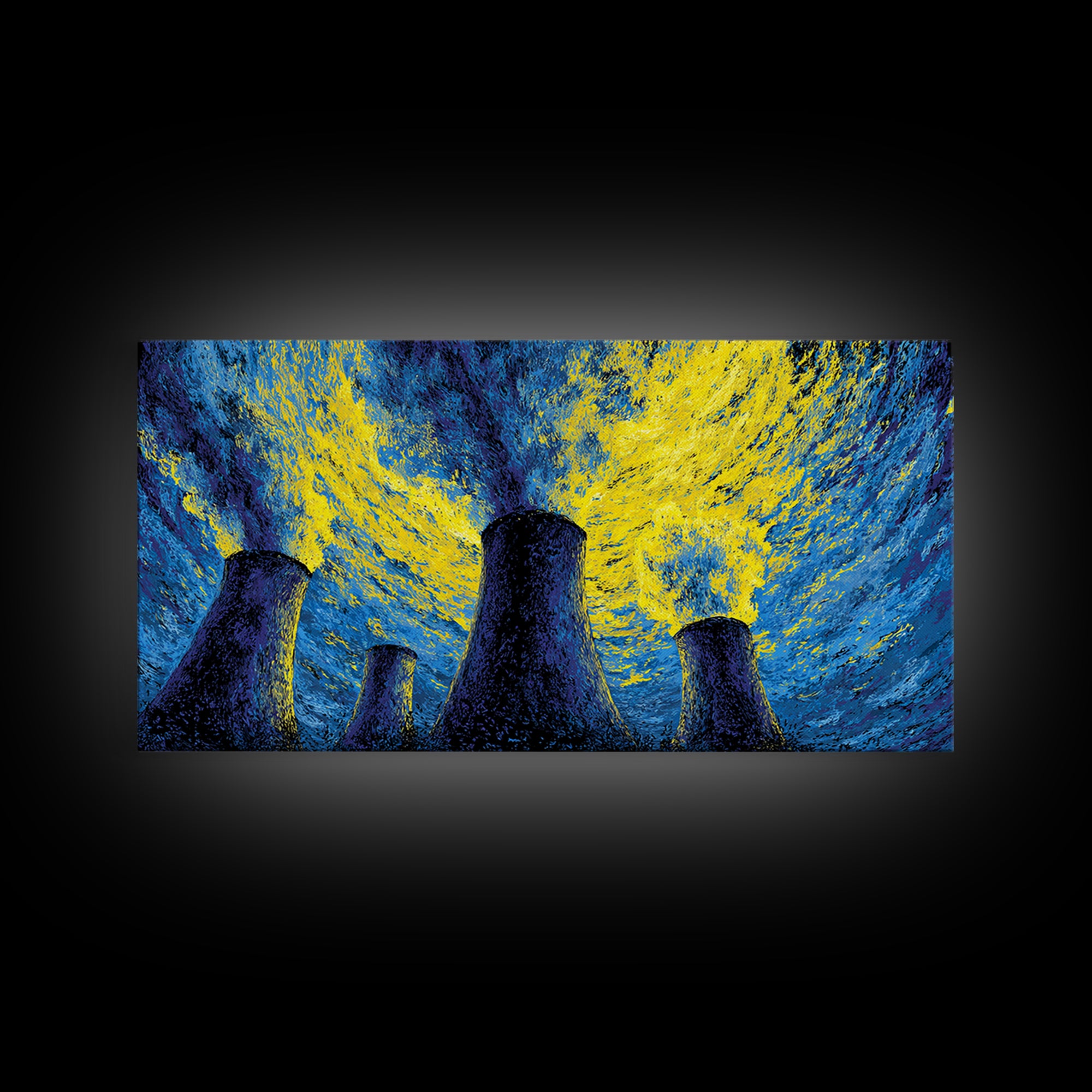 Blue Yellow Cooling Towers Canvas Print, Industrial Night Sky Wall Art, Modern Abstract Decor, Retro Sci Fi Poster Print