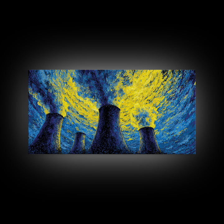 Blue Yellow Cooling Towers Canvas Print, Industrial Night Sky Wall Art, Modern Abstract Decor, Retro Sci Fi Poster Print