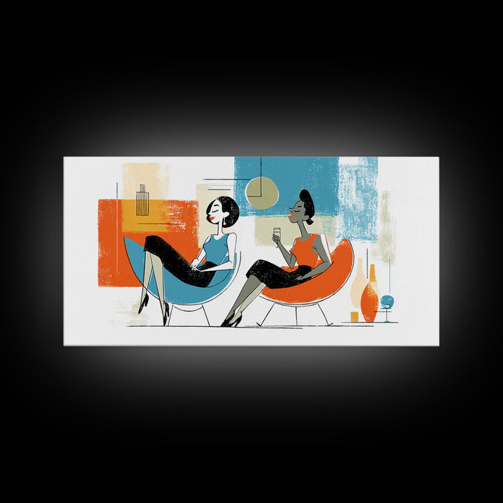 Midcentury Women Lounge Wall Art, Cocktail Chair Illustration, Retro Modern Decor, Colorful MCM Living Room Poster Art Print