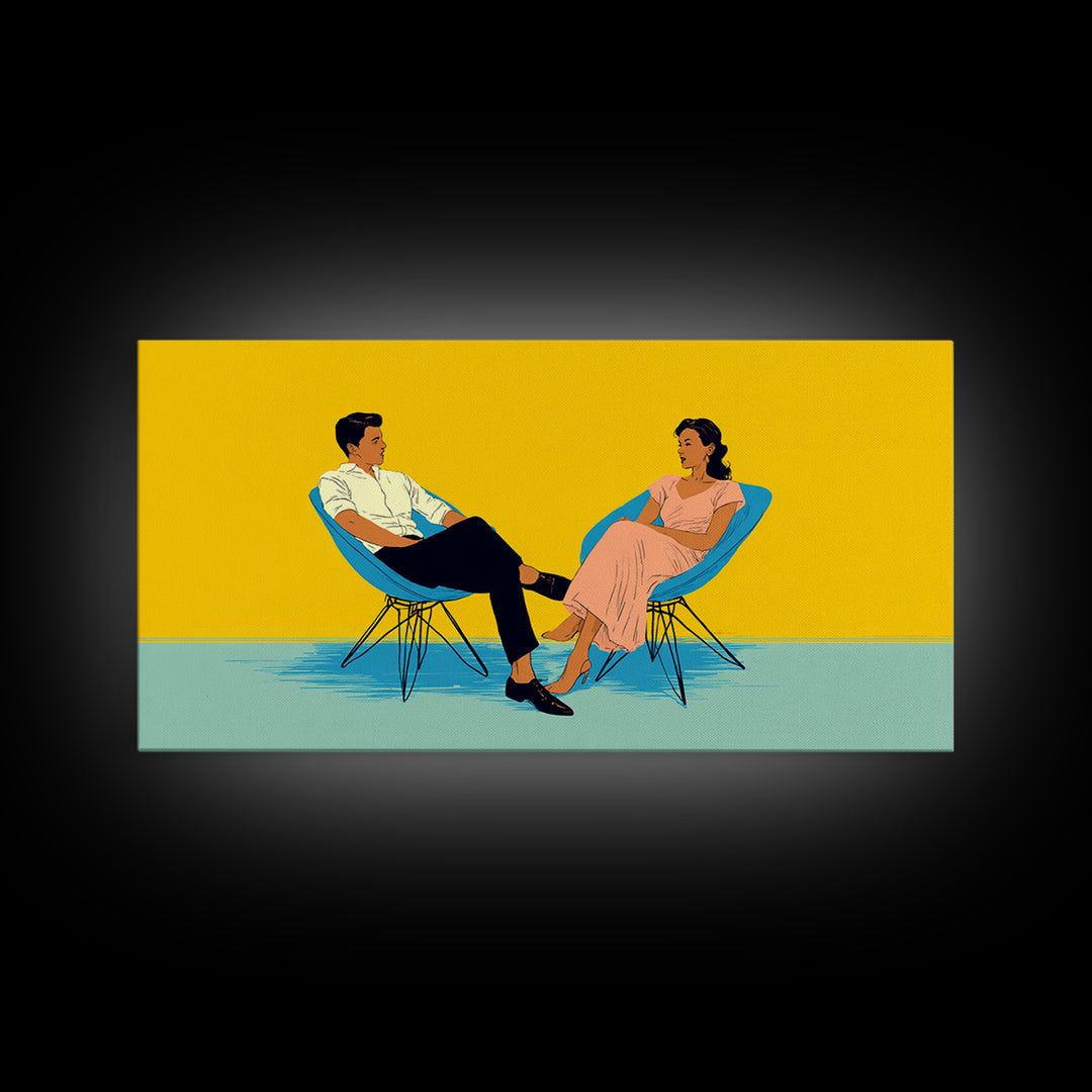 Midcentury Couple In Blue Chairs Canvas Print, Retro Modern Wall Art, MCM Lounge Decor, Colorful Living Room Poster Art Print