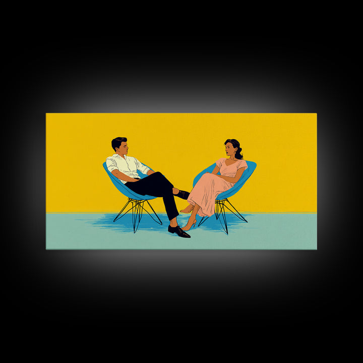 Midcentury Couple In Blue Chairs Canvas Print, Retro Modern Wall Art, MCM Lounge Decor, Colorful Living Room Poster Art Print