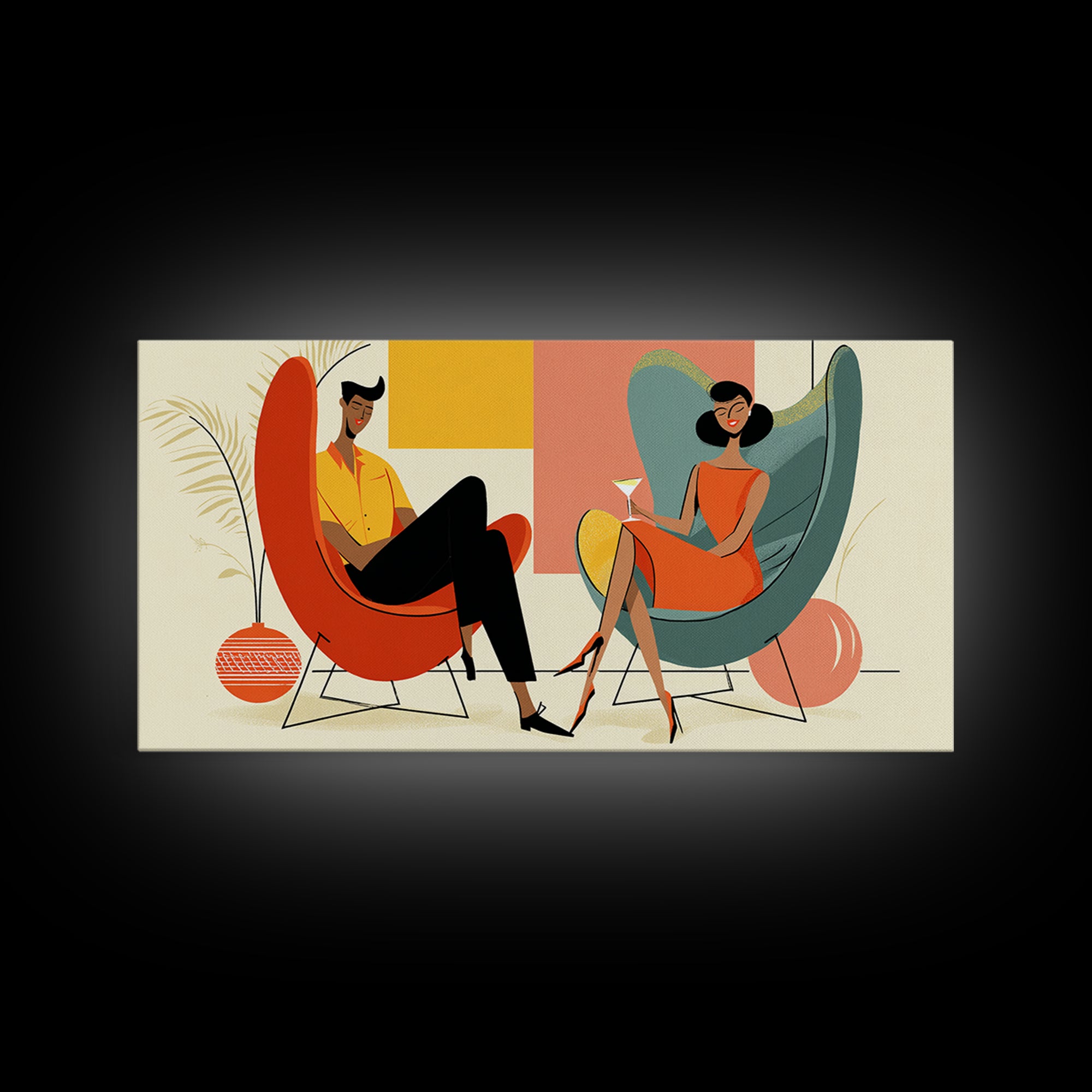 Midcentury Cocktail Lounge Framed Canvas Print, Stylish Couple Wall Art, Retro MCM Decor, Modern Living Room Poster Art Print
