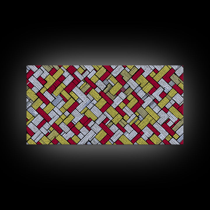 Red Yellow Herringbone Brick Pattern Canvas Print, Retro Geometric Wall Art, Mid Century Modern Decor For Kitchen Office
