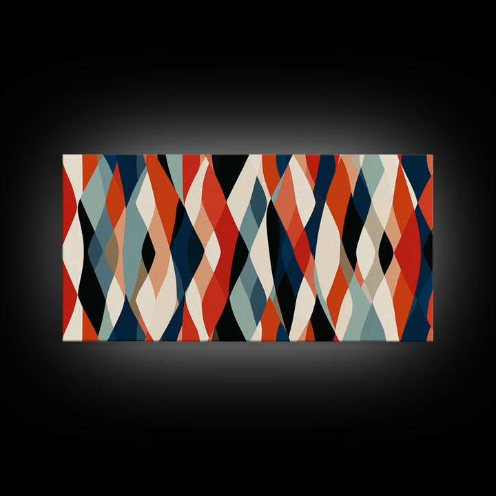 Red Teal Cream Wavy Diamond Pattern Framed Canvas Print, Retro Modern Abstract Wall Art, Mid Century Decor For Living Room