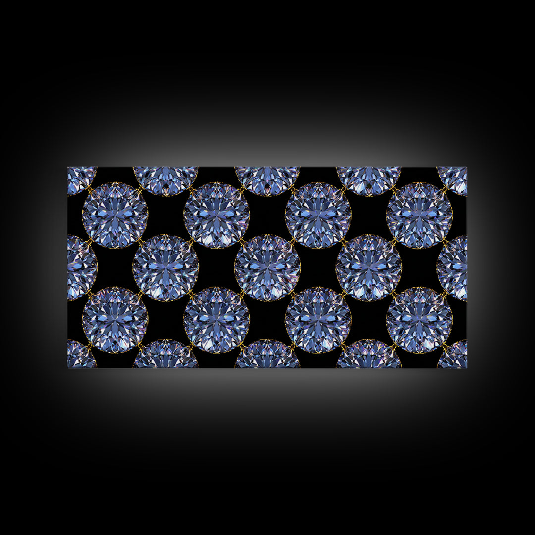Blue Diamond Gemstone Circle Pattern Framed Canvas Print, Glam Modern Wall Art, Geometric Decor For Bedroom Vanity Office