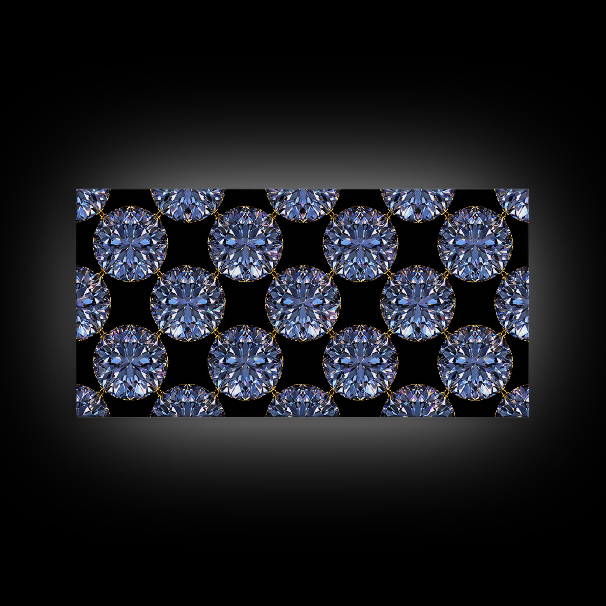 Blue Diamond Gemstone Circle Pattern Framed Canvas Print, Glam Modern Wall Art, Geometric Decor For Bedroom Vanity Office