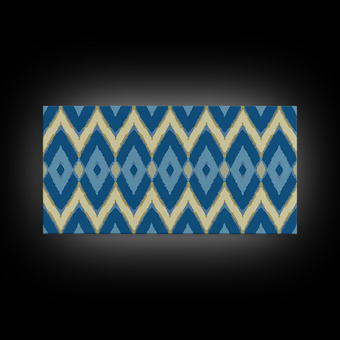 Blue Gold Ikat Chevron Diamond Wall Art, Scandinavian Modern Geometric Print, Mid Century Decor For Bedroom Living Room Home