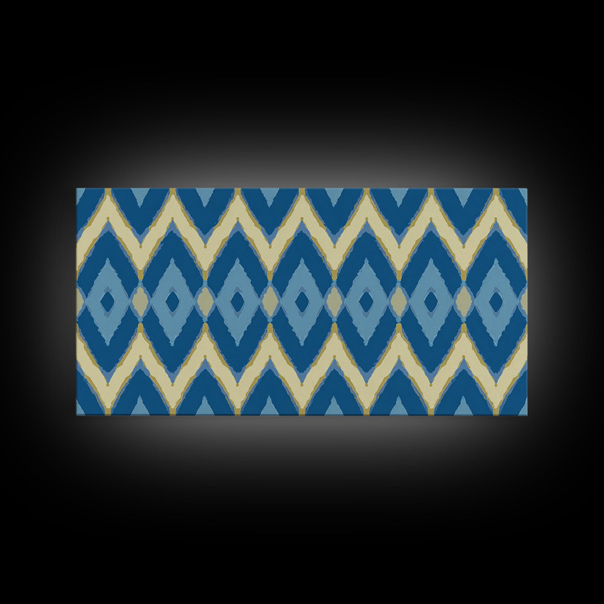 Blue Gold Ikat Chevron Diamond Wall Art, Scandinavian Modern Geometric Print, Mid Century Decor For Bedroom Living Room Home
