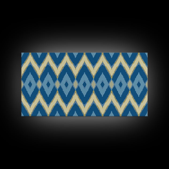 Blue Gold Ikat Chevron Diamond Wall Art, Scandinavian Modern Geometric Print, Mid Century Decor For Bedroom Living Room Home
