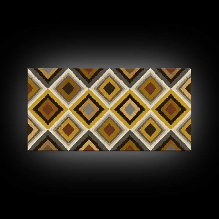 Brown Gold Gray Retro Diamond Pattern Canvas Print, Mid Century Modern Wall Art, Geometric MCM Decor For Living Room Office