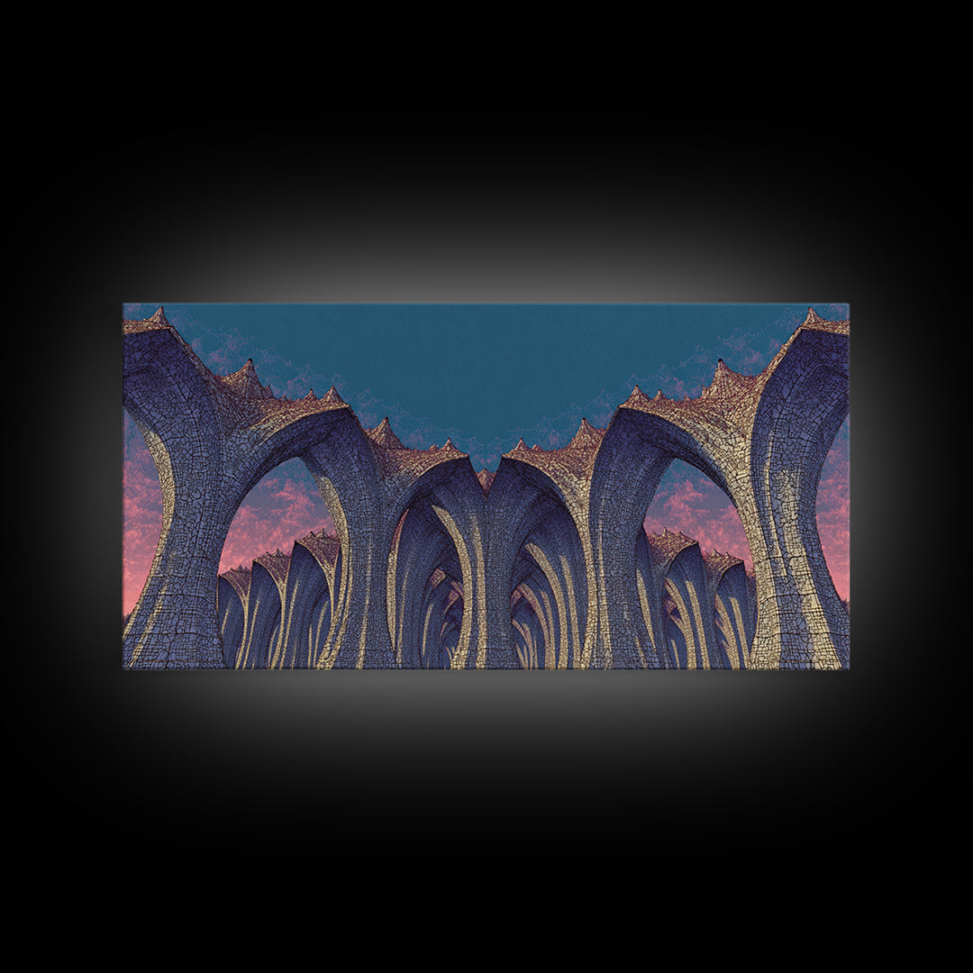 Gothic Blue Arches At Dusk Wall Art, Architectural Art Print, Midcentury Modern Decor, Abstract Wall Decor, Large Canvas
