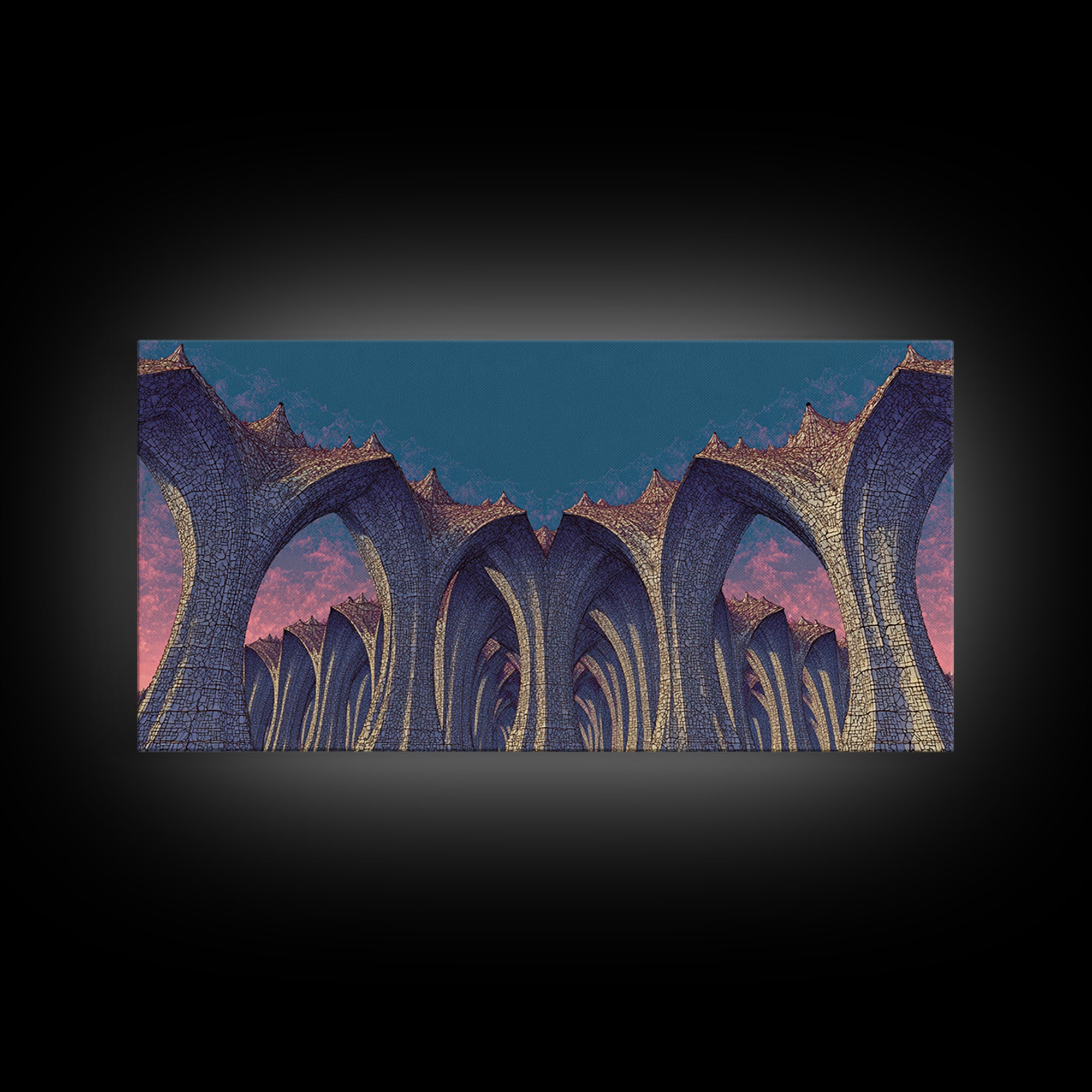 Gothic Blue Arches At Dusk Wall Art, Architectural Art Print, Midcentury Modern Decor, Abstract Wall Decor, Large Canvas