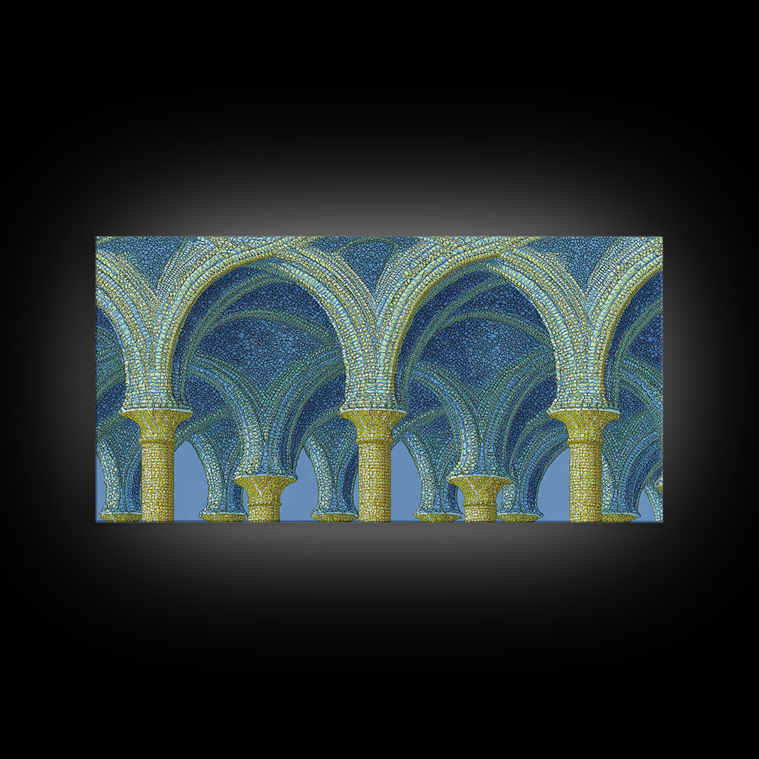 Blue Gold Mosaic Vaulted Arches Framed Canvas Print, Architectural Art, Modern Wall Decor, Midcentury Abstract Art, Blue Art Print