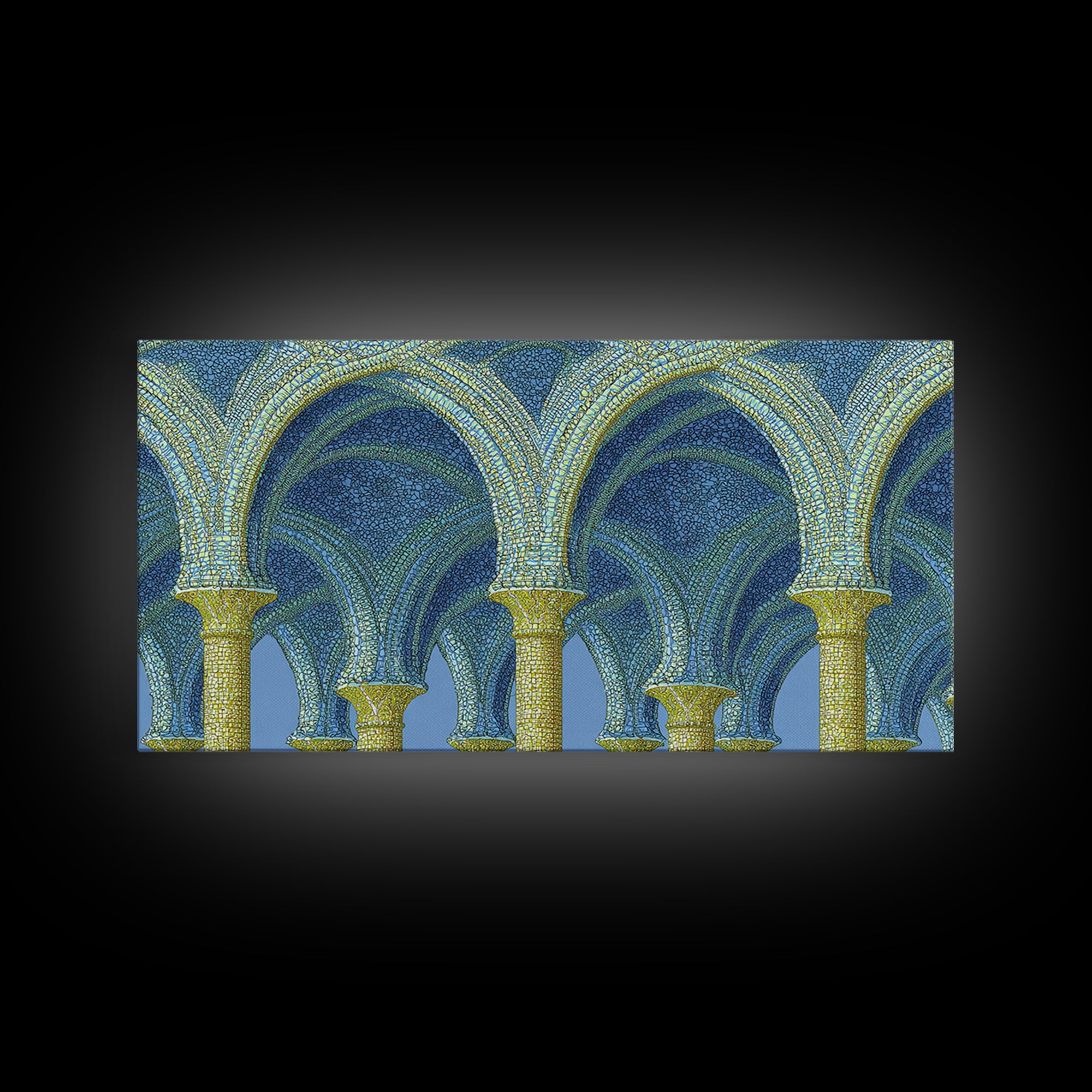 Blue Gold Mosaic Vaulted Arches Framed Canvas Print, Architectural Art, Modern Wall Decor, Midcentury Abstract Art, Blue Art Print