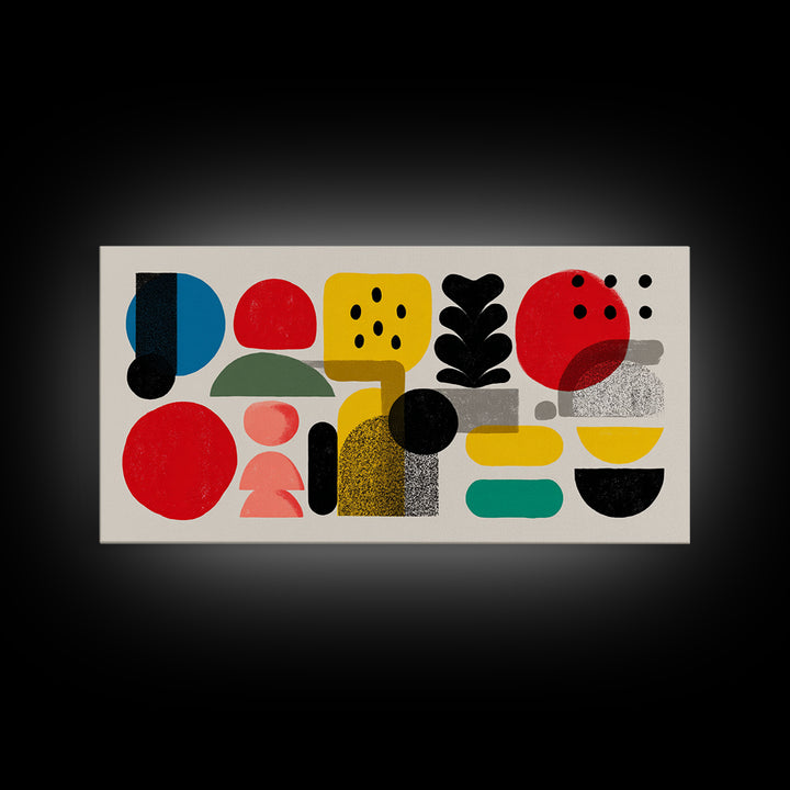 Playful Bauhaus Shapes And Plant Canvas Print, Midcentury Modern Wall Art, Colorful Abstract Decor, Modern Art Print, Home Office Art