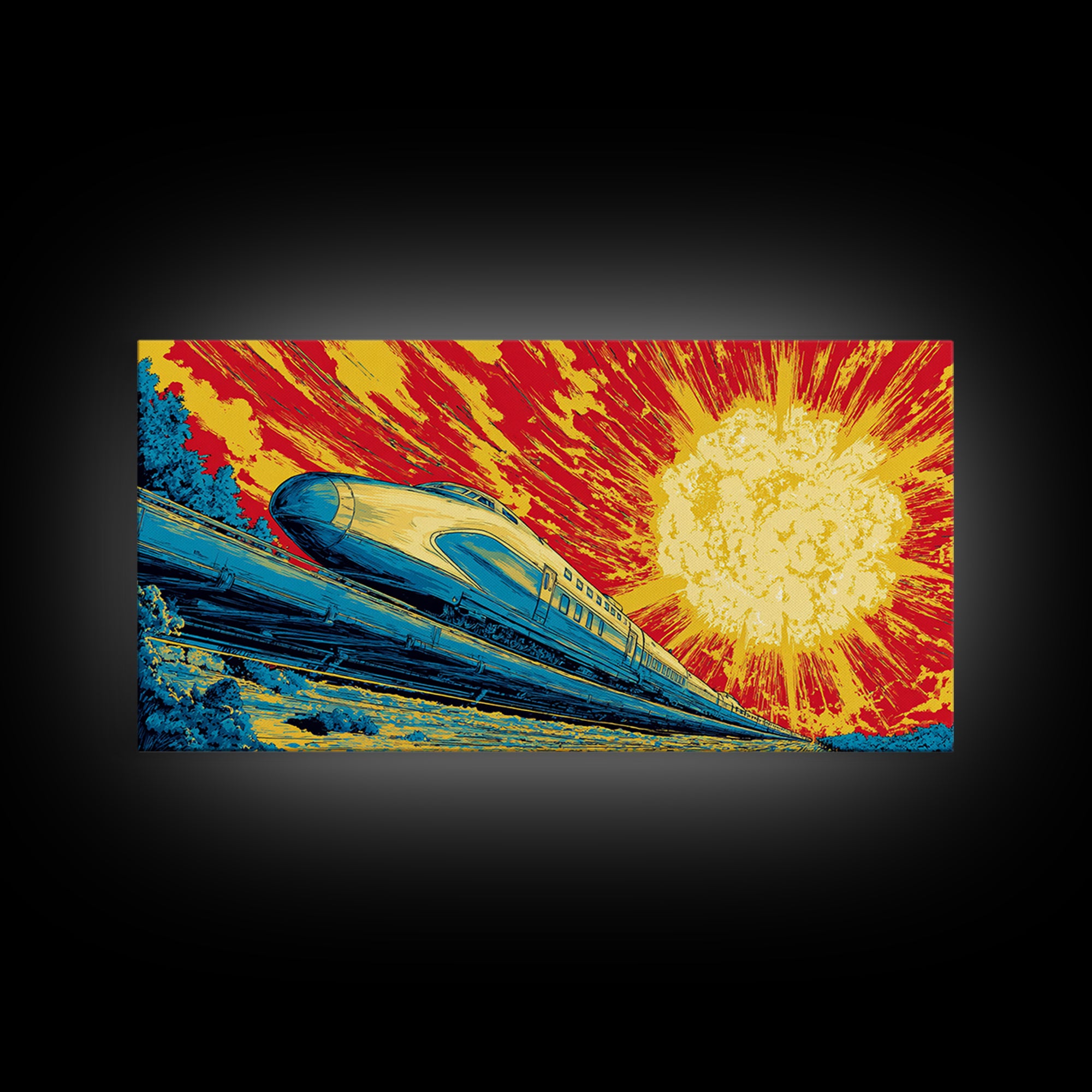 Streamlined Bullet Train Canvas Print, Blazing Solar Sky Poster, Retro Sci Fi Travel Art, Midcentury Modern Wall Decor, MCM