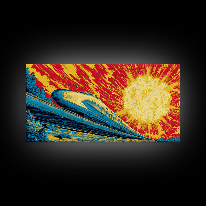 Streamlined Bullet Train Canvas Print, Blazing Solar Sky Poster, Retro Sci Fi Travel Art, Midcentury Modern Wall Decor, MCM