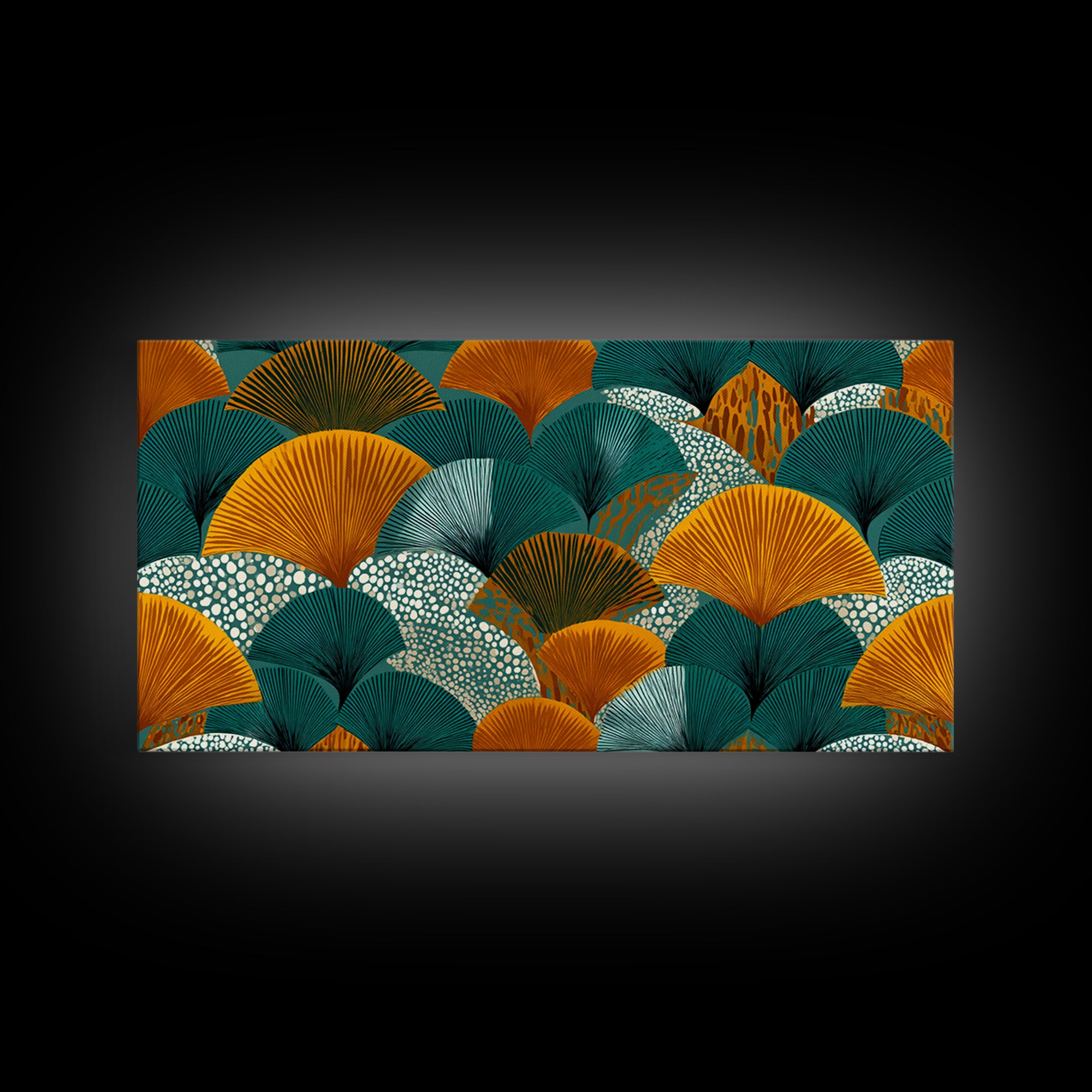 Ginkgo Fan Leaves In Teal Mustard And Aqua Canvas Print, Midcentury Modern Botanical Wall Art, Art Deco Pattern Decor Poster