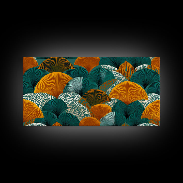 Ginkgo Fan Leaves In Teal Mustard And Aqua Canvas Print, Midcentury Modern Botanical Wall Art, Art Deco Pattern Decor Poster