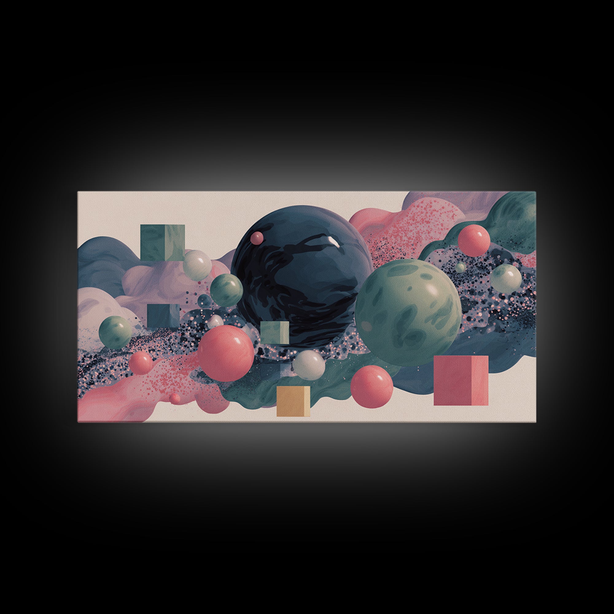 Pastel 3D Spheres And Abstract Cloudscape Framed Canvas Print, Midcentury Modern Wall Art, Retro Modern Home Decor, Gallery Wall Decor