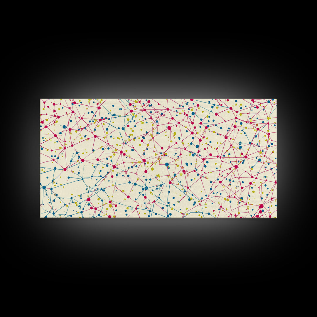 Pink Teal Yellow Connected Dot Pattern Canvas Print, Midcentury Modern Abstract Wall Art, Colorful Geometric Home Office Decor
