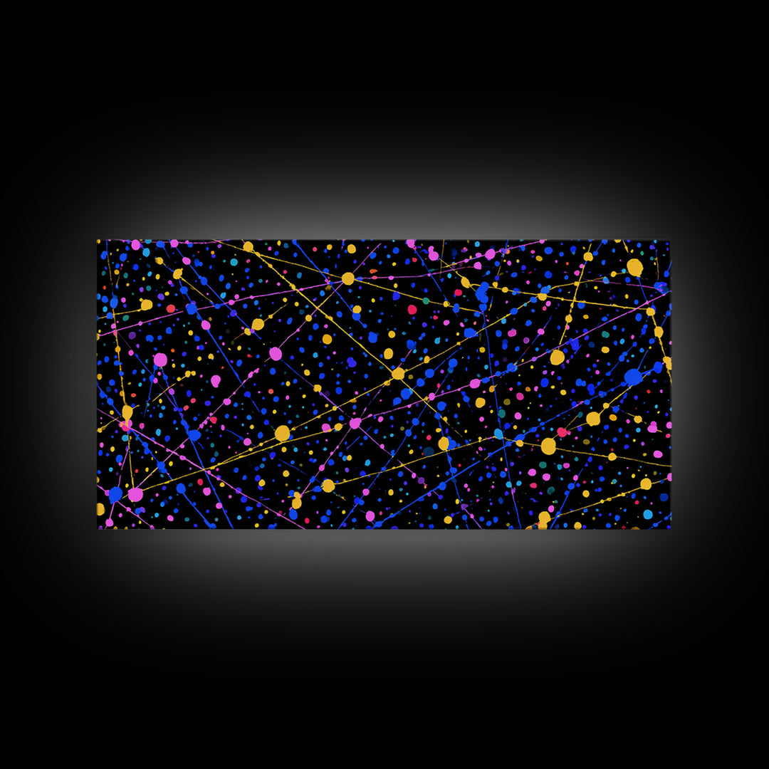 Black Cosmic Splatter Network With Pink Blue Gold Dots Wall Art, Retro Modern Abstract Art Print, Space Abstract Living Room Decor