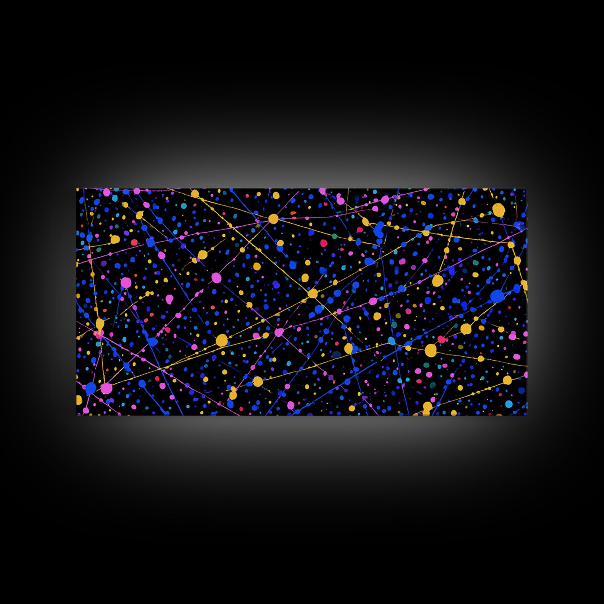 Black Cosmic Splatter Network With Pink Blue Gold Dots Wall Art, Retro Modern Abstract Art Print, Space Abstract Living Room Decor