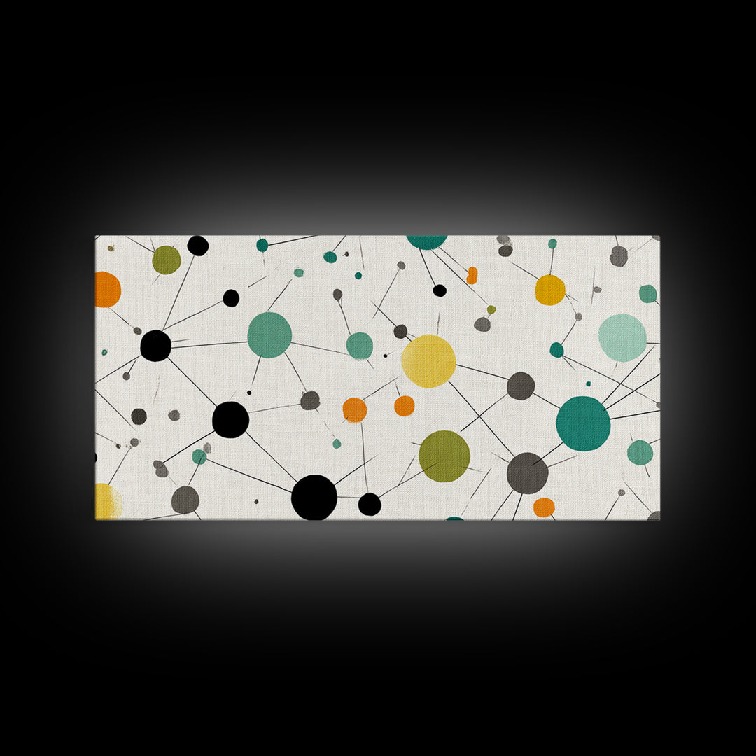 Teal Yellow Orange Atomic Circles Framed Canvas Print, Midcentury Modern Wall Art, Geometric Abstract Office And Home Decor