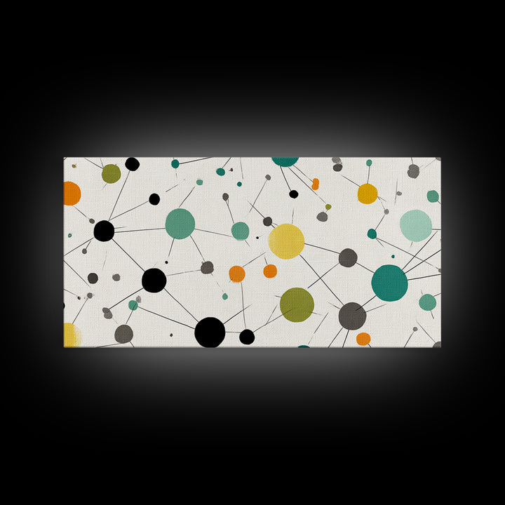 Teal Yellow Orange Atomic Circles Framed Canvas Print, Midcentury Modern Wall Art, Geometric Abstract Office And Home Decor