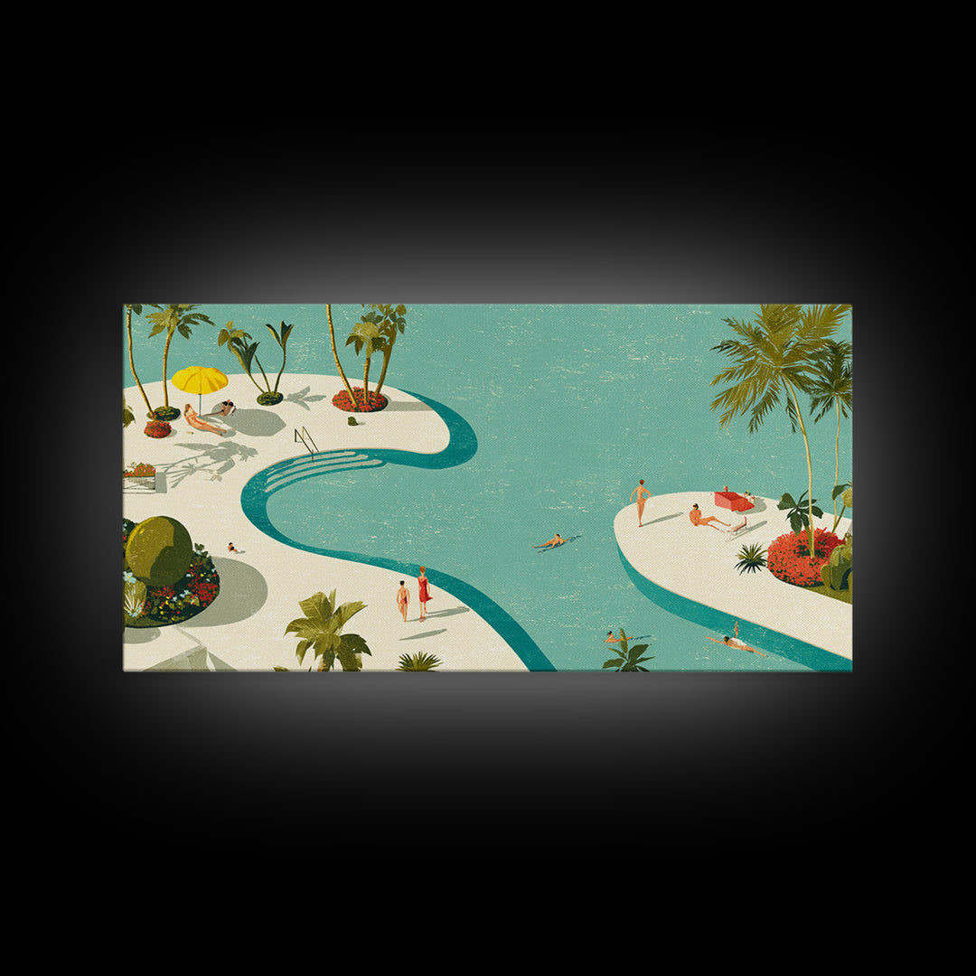 Retro Palm Resort Pool With Turquoise Lagoons Wall Art, Mid Century Modern Decor, MCM Travel Poster, Coastal Home Print Gift