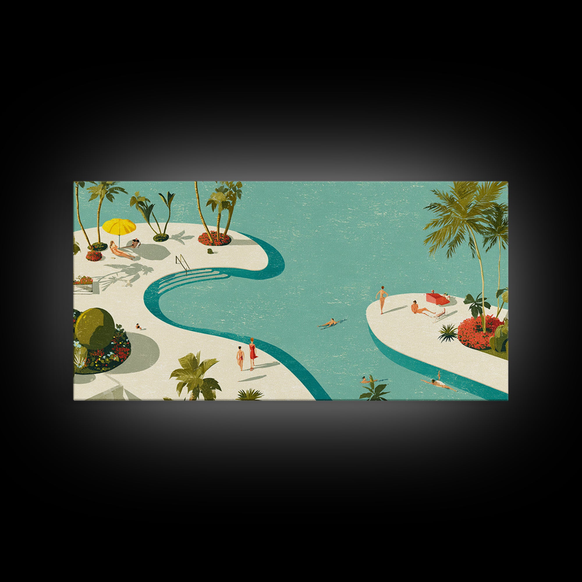 Retro Palm Resort Pool With Turquoise Lagoons Wall Art, Mid Century Modern Decor, MCM Travel Poster, Coastal Home Print Gift