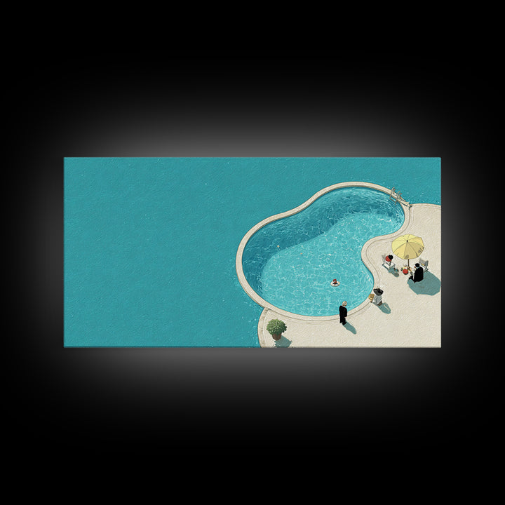 Minimal Aqua Kidney Pool With Umbrellas Canvas Print, Mid Century Modern Wall Decor, Retro Resort Poster, Coastal Pool Art