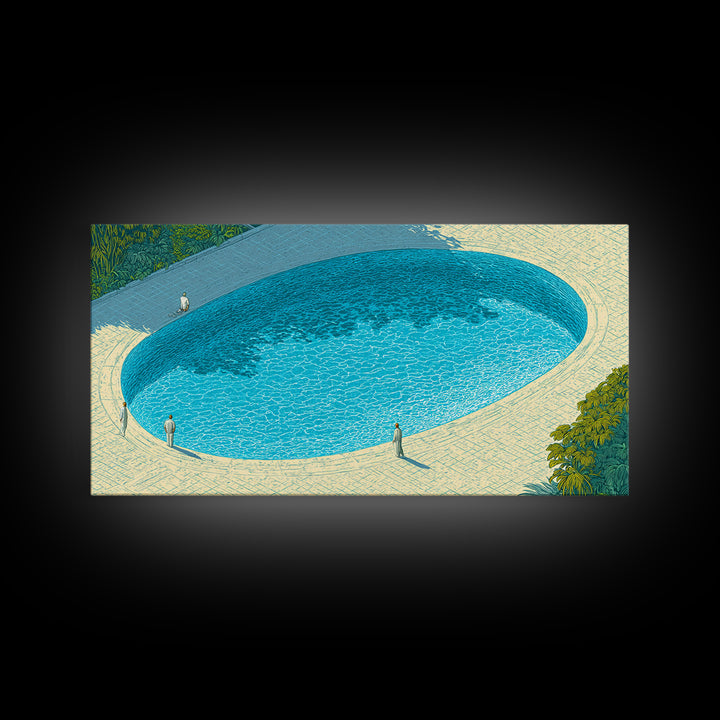 Oval Blue Swimming Pool And Garden Wall Art, Mid Century Modern Decor, Minimalist Coastal Print, Retro Summer Poster, Home Decor